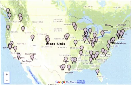 Figure  l . l  Emplacement des laboratoires d' analyse quantifiée de la  marche aux États-Unis
