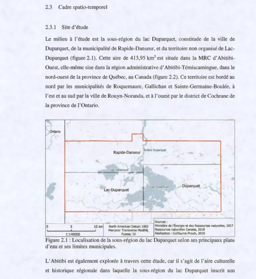 Figure  2.1  :  Localisation de la sous-région du lac Duparquet selon ses principaux plans 
