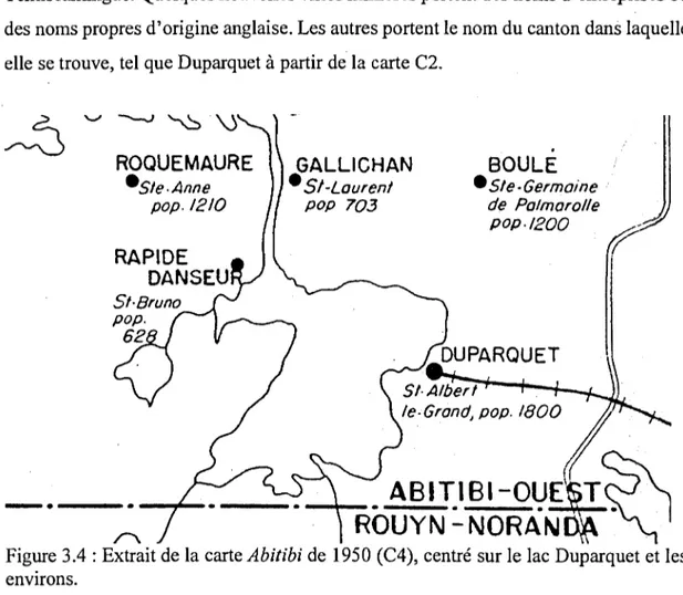 Figure 3.4: Extrait de la carte Abitibi de 1950 (C4), centré sur le lac Duparquet et les  envuons