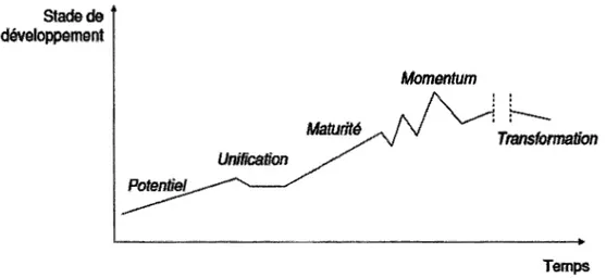 Figure 1.3 Phases du développement d'une CdeP (Davel et Tremblay, 2014, p.  13)  stade de  développement  Momentum  Tnmsformatlon  Temps 