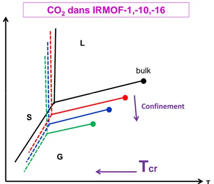 Figure 3.20 : Schématisation du diagramme de phase du CO 2 dans le bulk et les trois