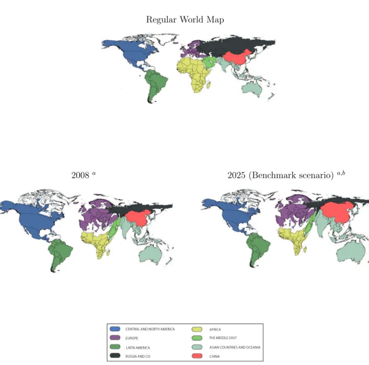 Figure 5: An alternative view of the projected evolution of the share of each region’s CO 2 emissions in 2008 and 2025.