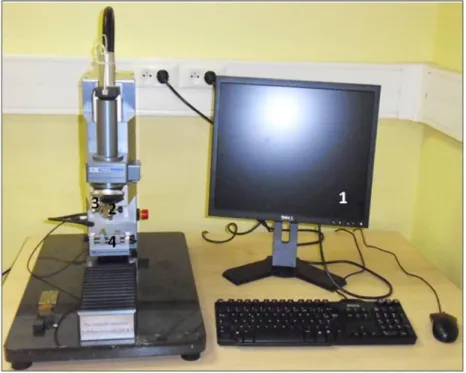 Fig. II.3.2a. Scratch- tester Millennium  du CER Arts et Métiers ParisTech Lille  (1)  Ordinateur – (2) Indenteur – (3) Objectif – (4) Porte-substrats 