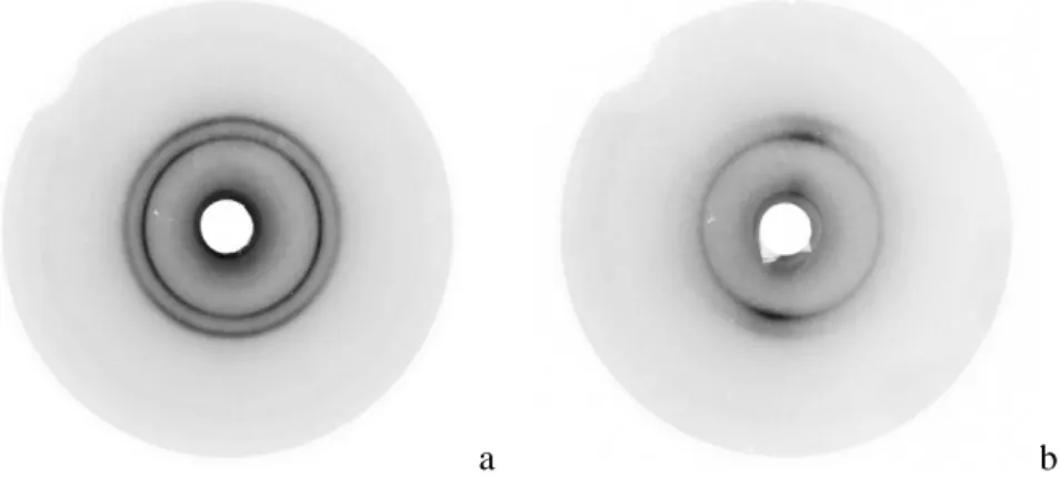 Figure 49: Debye-Scherrer en chambre plane sur échantillons polyamide 66. (a) :  Echantillon isotrope