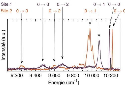 Fig. III.5 Spectre d’émission de Yb 3+ dans le site 1 (violet) et dans le site 2