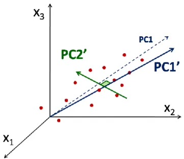 Figure 21 - Principe de mise en place de deux composantes principales PC1’ et PC2’ dans  un espace à 3 dimensions (x 1 , x 2 , x 3 ) par analyse PLS 