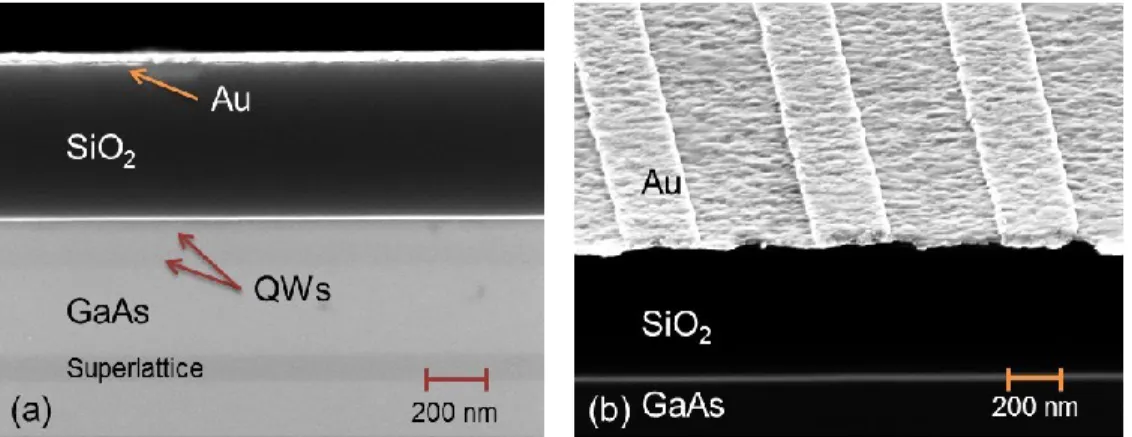 Figure 3.4. SEM micrographs of a QW-SPR device cross-section (a) and an angled view (b)  that reveal the 472 nm thick dielectric film