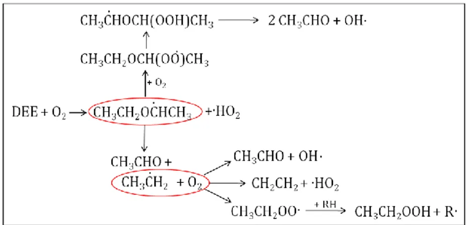 Figure 8. Mécanisme de combustion du DEE dans l'hypothèse de Salooja. 