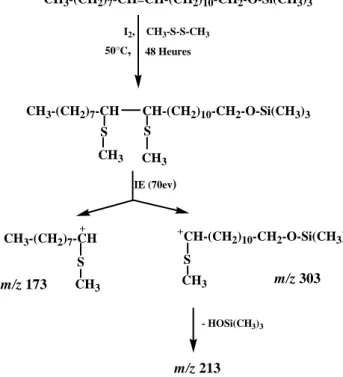 Figure III.18. Formation et fragmentation du dérivé dimethyl disulfure du dérivé TMSi de  l'alcool n-21:1ω9, 1-OH