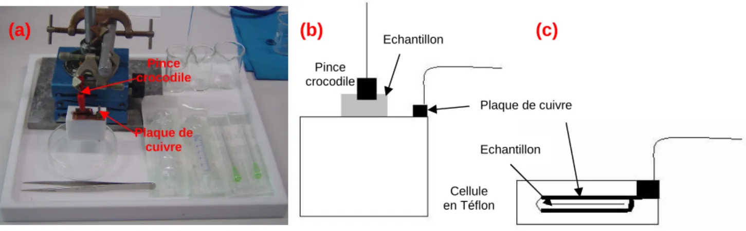 Figure 2.3 : Plateau en téflon contenant le matériel nécessaire au greffage électrochimique (a)  Schémas de la  cellule dans laquelle  a eu lieu le  greffage  électrochimique,  vue de côté (b) et  vue de dessus (c)