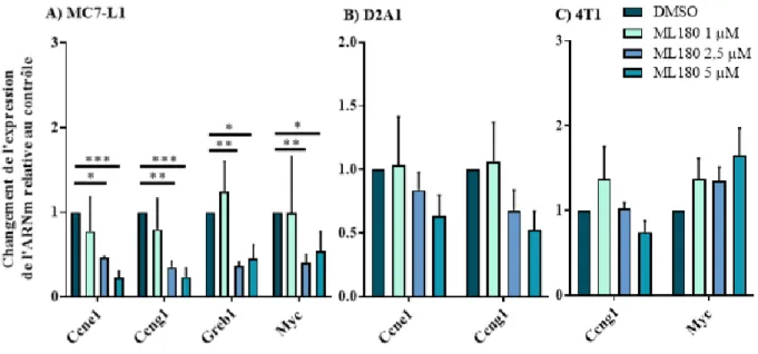 Figure 9 : Abondance relative de l’ARNm des gènes cibles connus ou potentiels de LRH-1  liés à la prolifération cellulaire lors de traitements au ML180