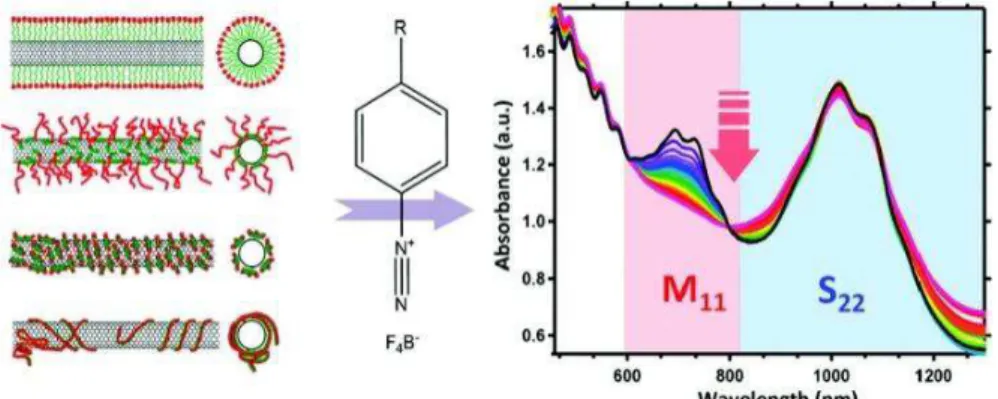 Figure I-18 : Réaction de fonctionnalisation avec un diazonium pour différents surfactants  [69] 