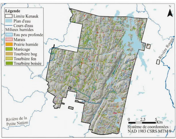 Figure 2.7 : Milieux humides retrouvés sur le territoire de Kenauk Nature 