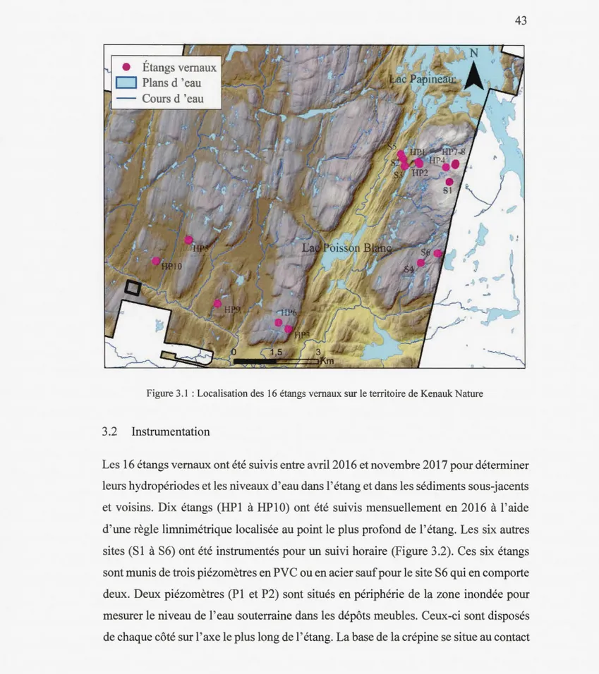 Figure 3 .1  : Localisation des  16  étangs vernaux sur le territoire de Kenauk Nature 