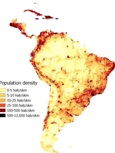 Figure 1-2: Latin America population density, 2000 (adapted from SEDAC, 2004) 
