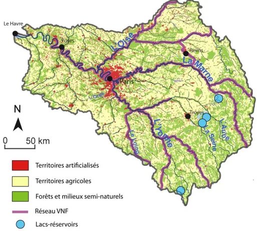 Figure  I.8  :  Carte  simplifiée  de  l’occupation  des  sols  (source :  Corine  Land  Cover),  du  réseau  des  Voie  Navigables de France (VNF) et localisation des lacs-réservoirs