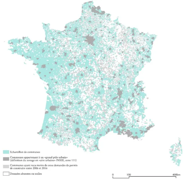 Figure 2. Carte de l’échantillon de communes (n=13442) pour l’analyse de données (cartographie : auteur, source : Enquête  sur le prix des terrains à bâtir (EPTB) produite par le CGDD) 