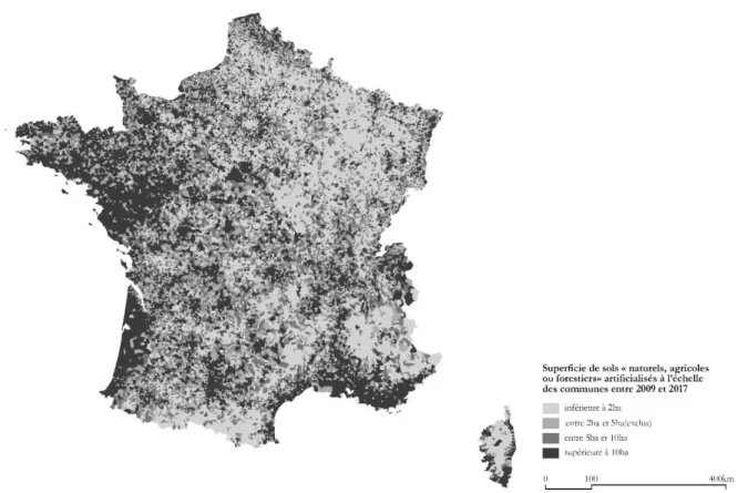 Figure 3. Typologie de communes en fonction des espaces (naturels, agricoles ou forestiers) artificialisés entre 2009 et 2017  (cartographie : auteur, source : Fichiers fonciers, Cerema) 