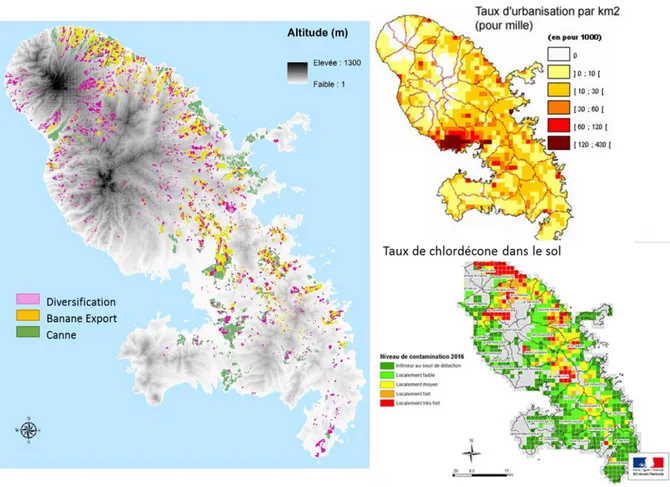 Figure 2: cartographie de l'occupation agricole en Martinique, au regard de l'urbanisation et de la contamination des sols à  la chlordécone (source : DAAF, (Barbazan, 2003),  BRGM/RP-66297-FR)