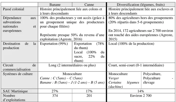 Tableau 1: les différents types d'agriculture en Martinique et leurs caractéristiques principales 