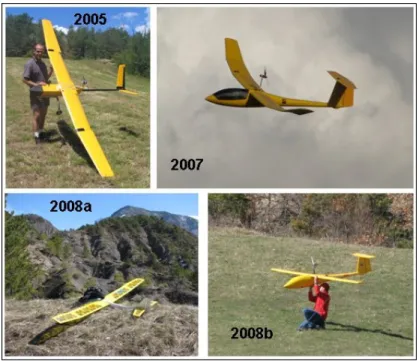 Figure III.5 - Différents modèles de drones utilisé pendant les trois missions réalisées, et le  pilote du drone (Bruno ROUX)