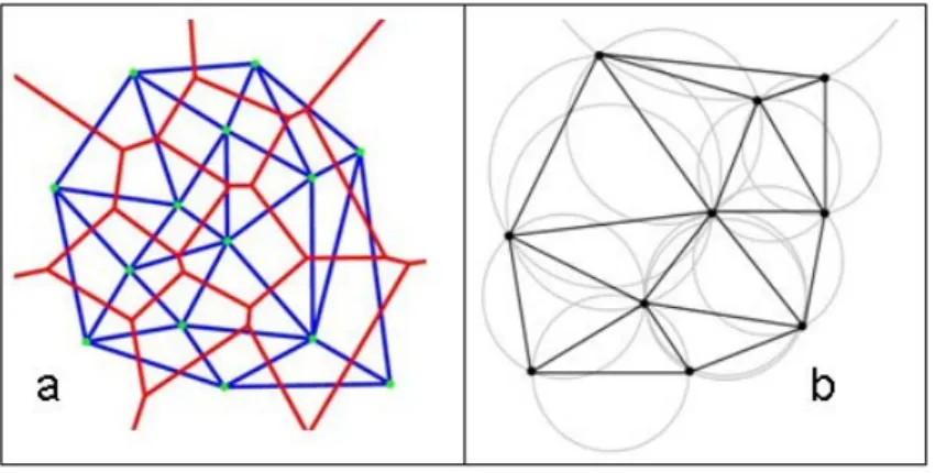 Figure II.10 - Relation entre les polygones Thiessen et la triangulation Delaunay (a), et le  principe du « cercle vide » de la triangulation Delaunay (b)