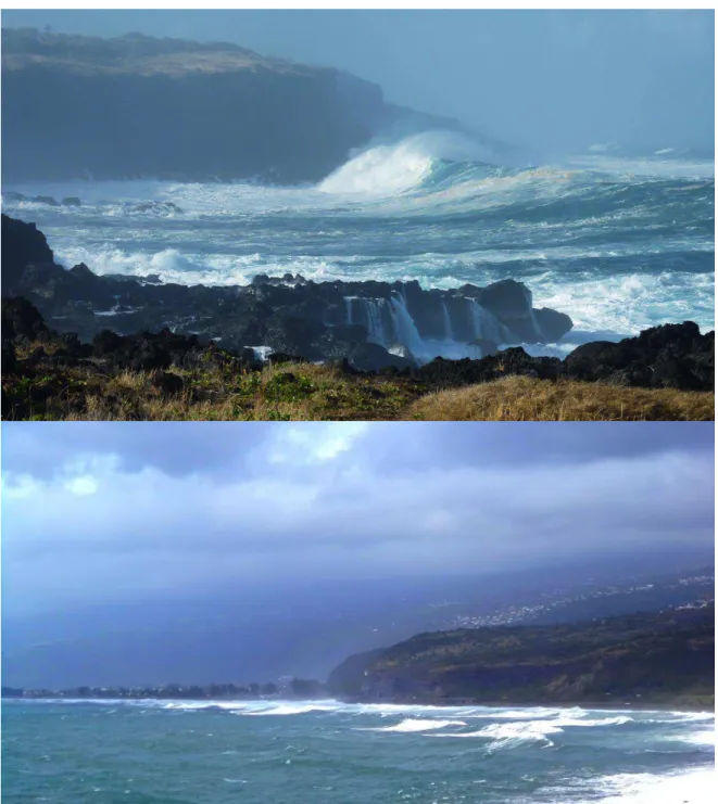 Figure 12.  Wave populations at Réunion island. Top: southerly swell in July 2017;  bottom: cyclonic waves from tropical storm Chezda in January 2015 