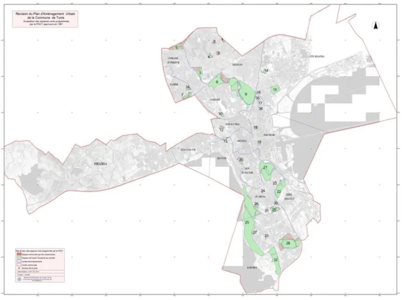 Fig. :9 : Carte de la localisation des espaces verts dans le gouvernorat de Tunis (en vert) 33   