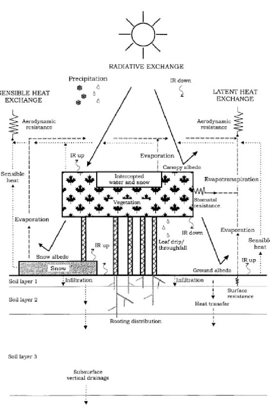 Figure 0.4: Schematic diagram of water and energy exchanges as represented in CLASS. Source: Verseghy ( 2000 ).