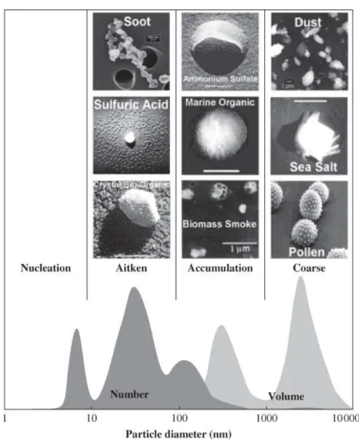 Figure 1.4: Aerosol size distribution and morphology for various aerosol types. [ Colbeck et al