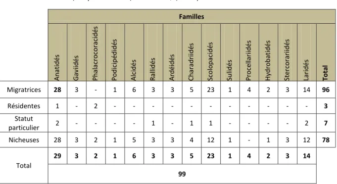 Tableau 2.1 :   Nombre d’espèces migratrices, résidentes, au statut particulier et nicheuses des  14 familles représentées dans les habitats côtiers du territoire du Plan Nord   (compilation d’après Avibase, 2012a; Avibase, 2012b; Centre d’expertise en   a