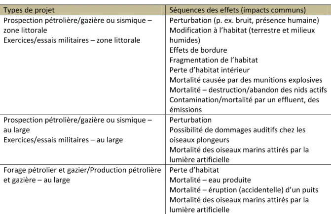 Tableau 2.5 :   Exemples de types de projets et séquences possibles des effets (tiré de Hanson  et autres, 2009, p