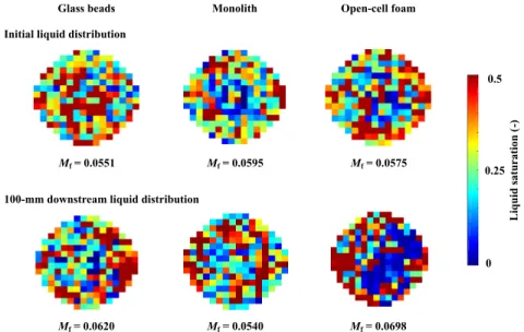 Figure 1-5. Meso-structure of liquid distribution inside different packings as pixelated liquid saturation maps: 