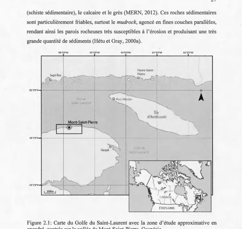 Figure  2.1:  Carte du Golfe  du Saint-Laurent avec  la zone  d' étude  approximative  en  encadré, centrée sur la vallée de Mont-Saint-Pierre, Gaspésie