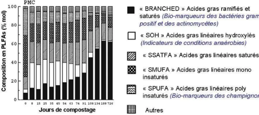 Figure 1.3. Evolution de la composition en acides gras phospholipidiques microbiens (PLFA) au  cours du compostage (Kato et al., 2005)