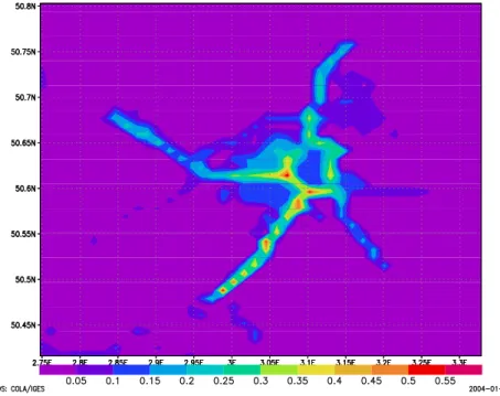 Fig. 2.6 – Moyenne annuelle des ´emissions de dioxyde d’azote pour l’ann´ee 1998.