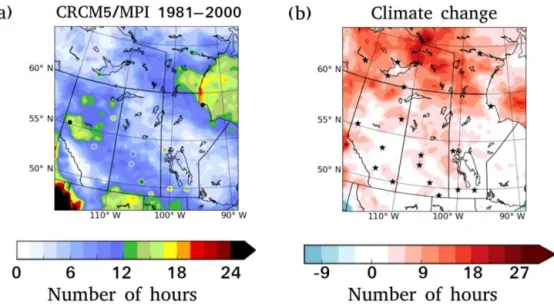 Figure 9. The mean annual number of hours of freezing rain (a) observed and simulated by the CRCM5 driven by MPI-ESM-MR for the 1981–2000 period, and (b) the change in the number of hours based on the difference between 2081–2100 and 1981–2000 assuming the