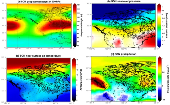 Figure 2. CMIP5 RCP8.5 projected changes in the 39-model ensemble mean between the periods (2081–2099) and (1981–2000) for autumn (SON)