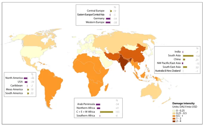 Figure 4 Map of the damage intensity induced worldwide due to regional production [DALY/mio USD]  (where DALY is the disability-adjusted life years), with horizontal bars indicating direction and size of  damage gap