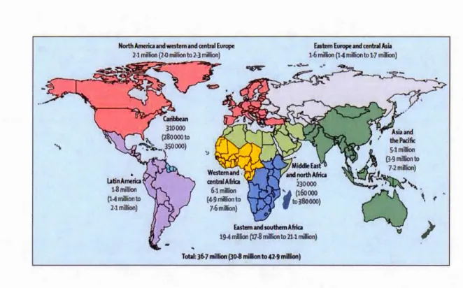 Figure 1.8: HIV -infected people living worldwide ,  as of2016 (Ghosn  et al. ,  2018) 