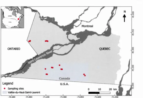 Figure 2.1:  Location  of the  16  sampling sites  in  the study area, Vallée-du-Haut-Saint- Vallée-du-Haut-Saint-Laurent, Quebec, Canada