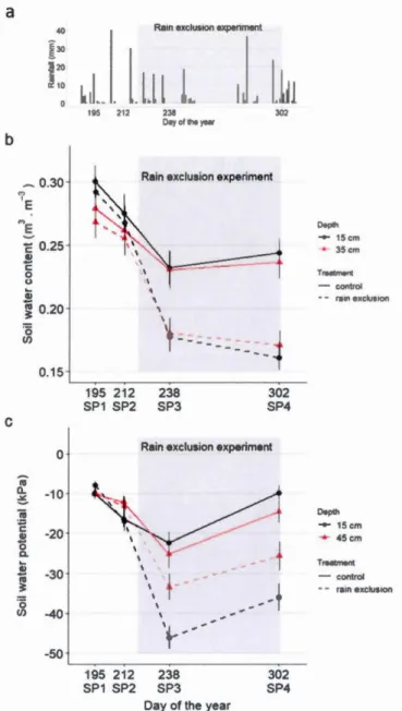 Figure 2.4 :  a) Daily precipitation at the nearest meteorological station during the study  period and changes in b) soil water content and c) soil water potential, with and without  rainfall exclusion at the four sampling periods (SPI ,  SP2 ,  SP3 and S