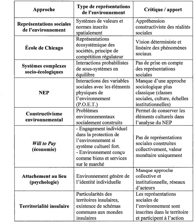 Tableau 2.1  : synthèse des représentations de l'environnement dans différentes approches 