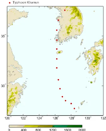 Fig. 5.1.1. The track of typhoon Khanun. The red dots indicate the location  of the typhoon center