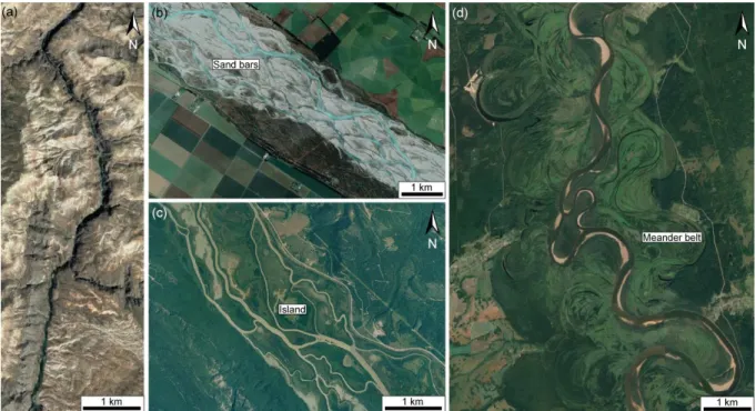 Figure 1.1: Satellite images of the four major types of fluvial systems. (a) Straight river (Gunnison River, USA)