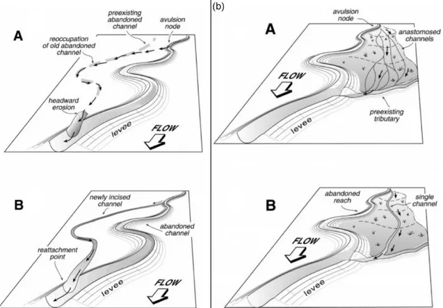 Figure 1.7: Models for avulsions by incision (a) and progradation (b). Both panels show partial reoccupation of 