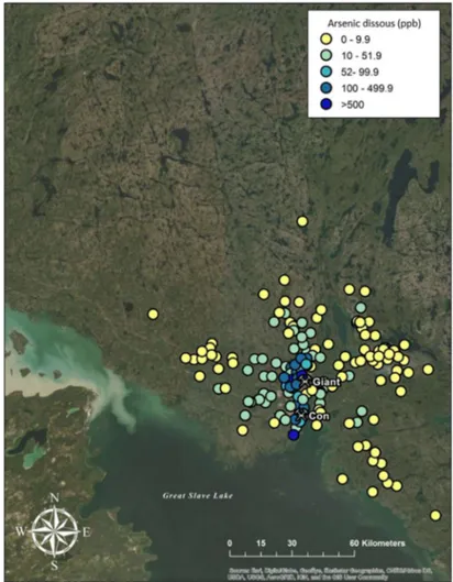 Figure 3. Distribution des concentrations d'arsenic dissous dans l'eau de surface des lacs situés autour  des mines Giant et Con (Figure crée par Izabela Jasiak, à partir des résultats de Palmer et al., 2015)
