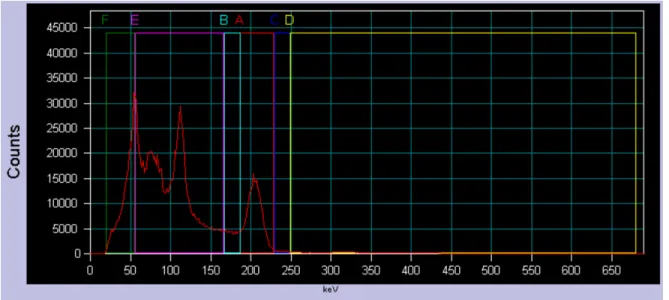 Figure 1.8 – Exemple de spectre et fenêtres énergétiques définies avec l’appareil de TEM utilisé dans ce travail (cfr