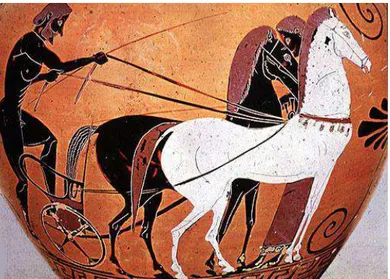 Figure 1 Un chariot à deux chevaux sur amphore, Exekias 530 AJC, © British Museum B273