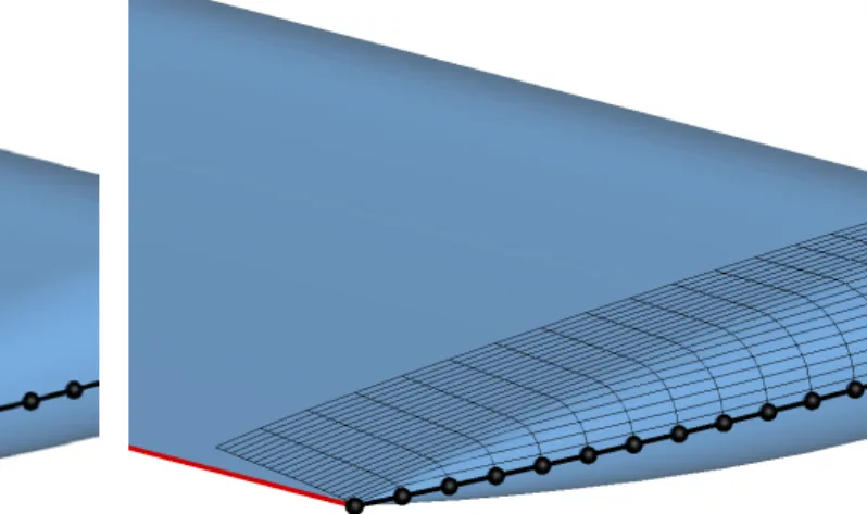 Figure 4.3 – Surface de l’aile, avec en noir la courbe c 1 ; en rouge, la contrainte d´ efinie par le